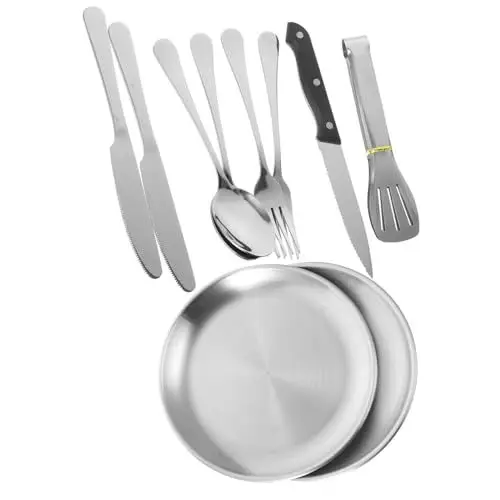 Produktbild: VINTORKY Campinggeschirr-Set 10-teilig Edelstahlbesteck Wiederverwendbar Reiseutensilien Picknick Grill Kompakte Tragbare Aufbewahrungstasche