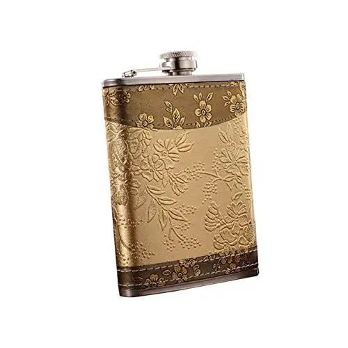 Produktbild: VINTORKY Flachmann Aus Edelstahl Mit Retro-muster Wein- Und Whiskyflasche Flachmann Mit Deckel Zum Wandern Für Männer Und Frauen Golden