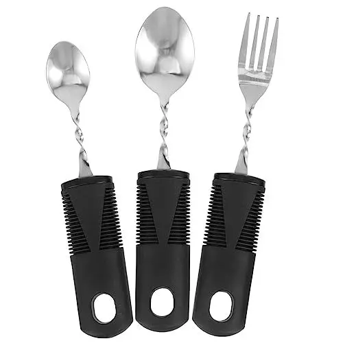 Produktbild: VINTORKY 3stücke Besteck Für Behinderte Tragbares Besteckset Mit Gebogenem Löffel Und Beschwertes Besteck Für Senioren Und Ältere Menschen Geeignet Für Links Und Rechtshänder