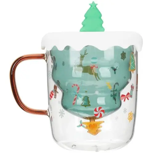 Produktbild: VINTORKY Glas Weihnachtskaffeebecher Hitzebeständiger Wasserbecher Weihnachtsbaum Tasse Doppelwandiger Kaffeebecher Gläser Milchbecher Weihnachtswasserbecher Doppelschicht Kind Latte Tasse