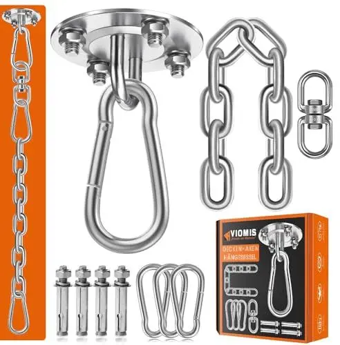 Produktbild: Viomis Deckenhaken für Hängesessel - 400kg Tragkraft, 360° Drehung, Edelstahl, Komplettset mit 30cm Kette und 3 Karabinern