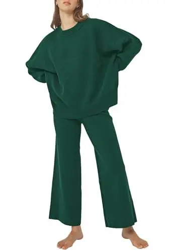 Produktbild: Viottiset Damen 2-Teilige Outfits Übergröße Loungewear Langarm Top Strickpullover Lounge Sets Schlafanzug Schwarzgrün L