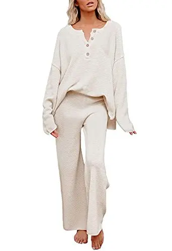 Produktbild: Viottiset Damen 2-Teiliges Outfit Set Langarm Knopf Strickpullover Weites Bein Hose Sweatsuit Jogginganzug Beige Klein