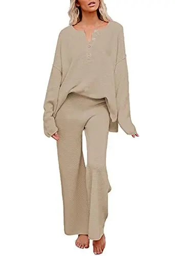 Produktbild: Viottiset Damen 2-Teiliges Outfit Set Langarm Knopf Strickpullover Weites Bein Hose Sweatsuit Jogginganzug Khaki Mittel