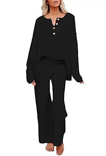 Produktbild: Viottiset Damen 2-Teiliges Outfit Set Langarm Knopf Strickpullover Weites Bein Hose Sweatsuit Oberteil Schwarz Mittel