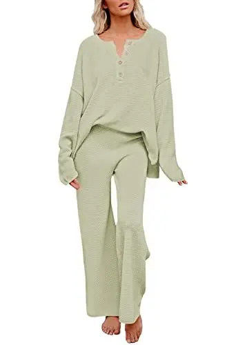 Produktbild: Viottiset Damen 2-Teiliges Langarm Pyjama Set Trainingsanzug Knopf Strick Pullover Top Hose Lose Outfit Hellgrün XL