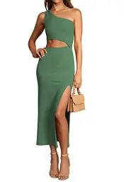 Produktbild: Viottiset Damen Aushöhlendem Taillen Maxikleid Ärmellos Geteilt Eine Schulter Eleganter Figurbetonter Rock Grün S