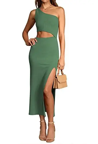 Produktbild: Viottiset Damen Aushöhlendem Taillen Maxikleid Ärmellos Geteilt Eine Schulter Eleganter Figurbetonter Rock Grün S