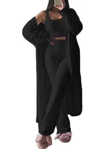 Produktbild: Viottiset Damen Fuzzy 3 Stück Sweatsuit Offene Front Strickjacke Crop Tank Tops Wide Legs Pants Lounge Sets Schwarz S