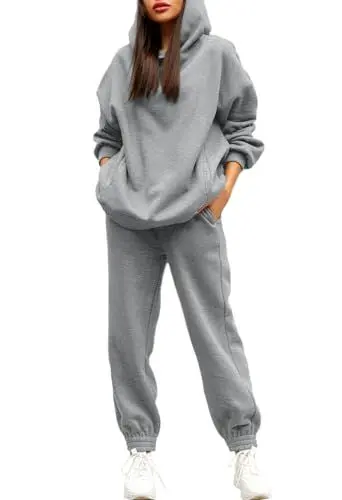 Produktbild: Viottiset Damen Hoodies Lässiger Kapuze 2-Teilige Homewear Lose Sweatshirts Loungewear Langarm Lounge Set Jogger Grau S