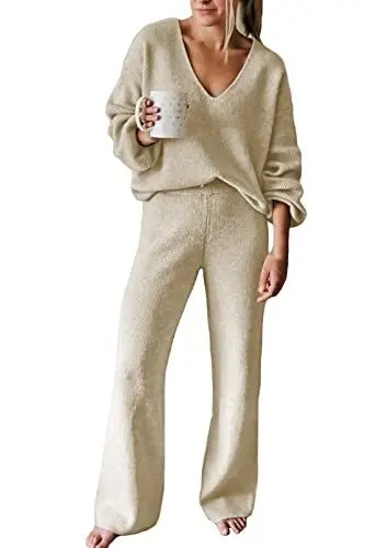 Produktbild: Viottiset Damen Lässiger 2-Teilige Homewear Lose Pyjamas Sweatshirts Übergroßes Loungewear Langarm Lounge Set Aprikose XL
