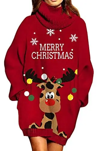 Produktbild: Viottiset Damen Lockeres Übergroßes Langes Pulloverkleid Rollkragen Gerippt Grobstrick Weihnachten Rot-Rentier Bunt XL
