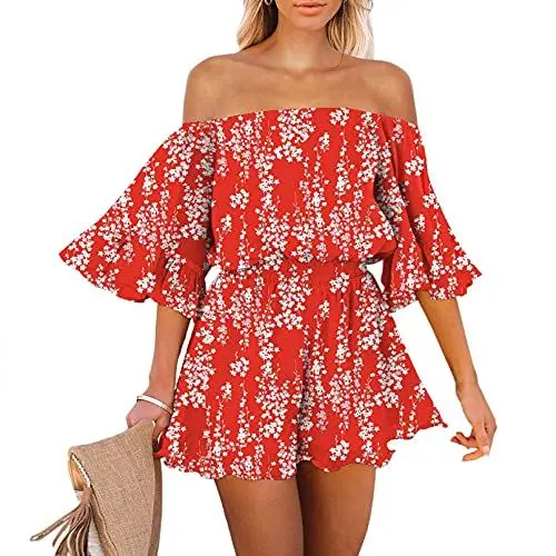 Produktbild: Viottiset Damen Schulterfrei Boho Sommer Strampler Lässig Rüschen Trägerlos Shorts Jumpsuit Spielanzug Süß Rot M