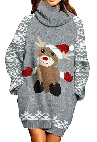 Produktbild: Viottiset Damen Übergroß Weihnachtskleid Winter Rollkragen Sexy Pulli Grau S
