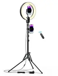 Produktbild: Viozon 12 Zoll Ringlicht mit Stativ Handy Live Ständer, 0,8-2 m höhenverstellbar, Zwei Handyhalter, kompatibel mit 3,5-6,7-Zoll-Telefonen, für YouTube/Tiktok/Aufnahme/Live-Streaming/Online-Meeting