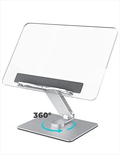 Produktbild: viozon Acryl-Buchständer zum Lesen, Kochbuchhalter, verstellbare Höhe und Winkel, 360° drehbare Basis, Aluminium, faltbar tragbar, für Büro, Küche, Schulbücher, Rezepte, Tablets, Laptop DE-BG-2VBY