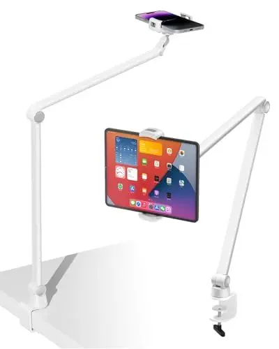 Produktbild: viozon Handyhalterung mit 2 verstellbare Klemmen für 3,5-13 Zoll Handys und Tablets, Höhenwinkelverstellbar, 360-Grad-Drehung, Clip auf der Basis, Overhead-Aufnahme (Weiß) Cellphone Holder DE-LD-402W