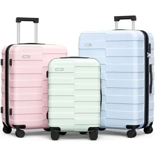 Produktbild: Vipbox Kofferset 3 Teilig Hartschale (3 Jahre VIP-Service) Leicht Polycarbonat Ultra-Langlebige Erweiterbar Trolley Handgepäck Reisekoffer mit Rollen und TSA Schloss, Macaron (BPG)