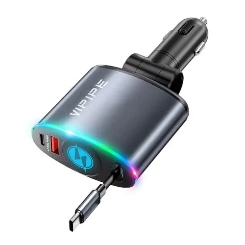 Produktbild: VIPIPE 162W Einziehbares Auto Ladegerät mit RGB-Umgebungslicht, 3 in 1 Zigarettenanzünder USB C Schnellladegerät Ladegerät, Retractable Car Charger für iPhone 16/15 Pro Max/Galaxy/Pixel
