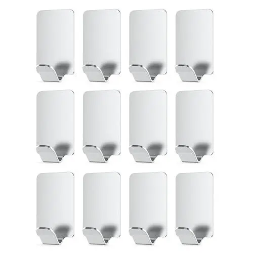 Produktbild: virea 12er Set selbstklebende ohne Bohren - Wasserfeste Klebehaken Handtuchhaken mit starker Klebekraft bis 4 kg - Haken mit großer Auflagefläche - Bademantelhaken Premium Haken Slimline Silber