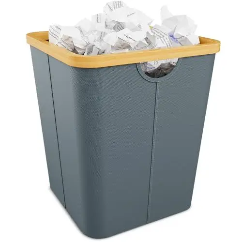 Produktbild: Vireon Papierkorb Büro aus Bambus - Mülleimer Büro aus Oxford-Stoff - Papiermülleimer Eckig - Papiereimer Grau Abfalleimer Büro - für Homeoffice/Arbeitszimmer/Schreibtischbereich