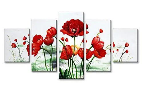 Produktbild: Visario 5533 Bilder auf Leinwand Bild 160 x 80 cm Korn Blumen rot und schwarz weiß fünfteilig