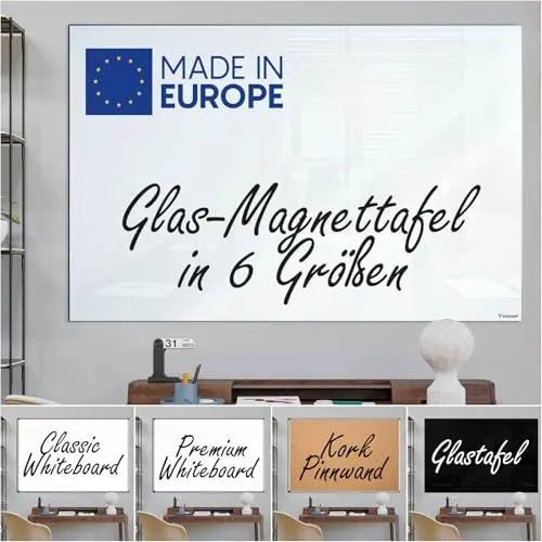 Produktbild: VISCOM Glas-Magnettafel - 90 x 120 cm in reinem Weiß - rahmenlose Magnetwand - Memoboard magnetisch, beschreibbar & trocken abwischbar - inkl. Magnete, Stift, Tafellöscher