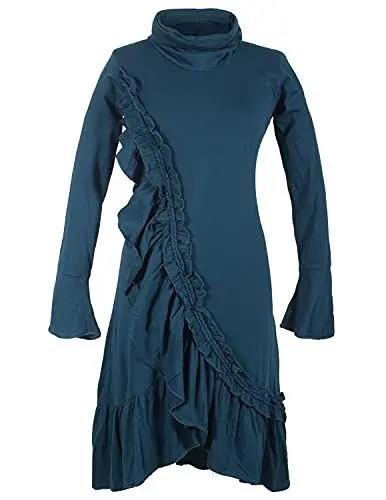 Produktbild: Vishes - Alternative Bekleidung - Asymmetrisches Volant Langarm Damen Maxikleid Biobaumwolle Rollkragen türkis 34