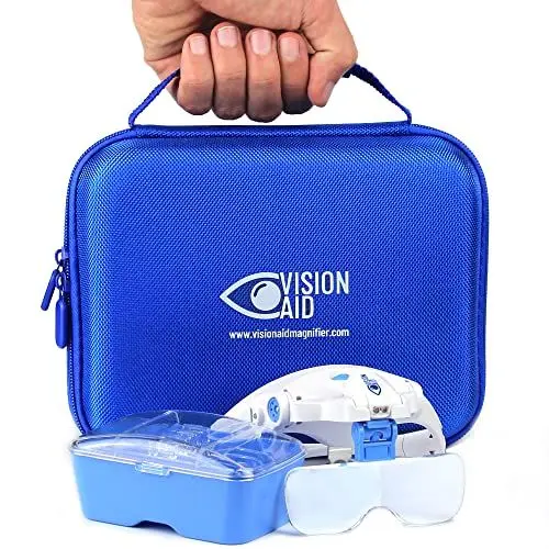 Produktbild: Vision AID Lupen mit LED-Licht 5 Linsen Stirnband Schutzaufbewahrungsbox Brillenlupe Freihändige beleuchtete Kopflupe für Hobbyhandwerk Makuladegeneration Malerei Lupen für Brillenträger Naharbeit