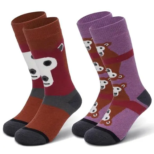 Produktbild: visionreast 2 Paar Skisocken Kinder Merino Wollsocken Kniestrümpfe Thermosocken Wintersocken Atmungsaktive Skistrümpfe Snowboard Socken für Jungen Mädchen Bär M