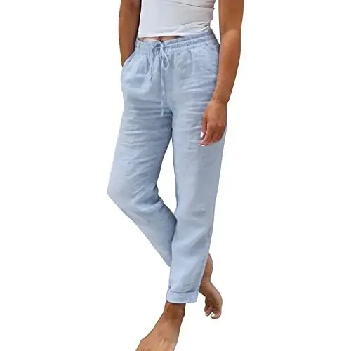 Produktbild: Viskose-Hose FüR Damen Damen-Sommerhose, elastisch, hohe Taille, einfarbig, Baumwolle, Leinen, weites Bein, lockere Hose KurzgrößEn KurzgrößE (Blue, M)