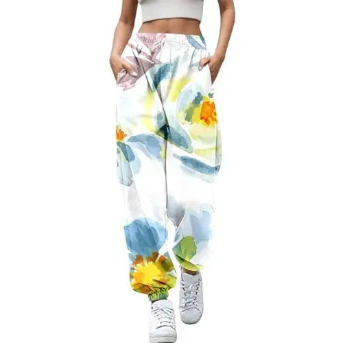 Produktbild: Viskose-Hose FüR Damen Damen Jogginghose mit Taschen, Kordelzug, elastische Taille, Herz-Print, Hose, Baggy, Freizeithose Damen WeißE Hose Weit (White, L)