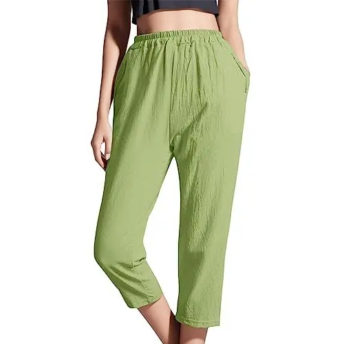 Produktbild: Viskose-Hose FüR Damen Tunika Bluse Damen Damen Einfarbige, elastische Taille, Nähte, gerade, hohe Taille, verkürzte Freizeithose Hose Damen Weiß Weites Bein Damen Hose GrüN (Green, L)