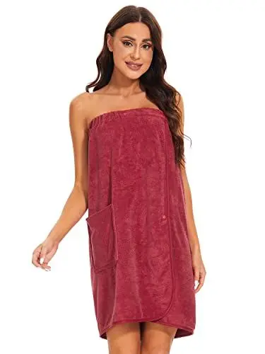 Produktbild: vislivin Bademantel Damen Frottee Saunakilt Saunatuch Frauen Sauna Kilt mit Druckknöpfen und Gummizug Wine Red S/M