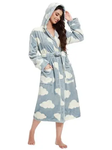 Produktbild: vislivin Bademantel Damen mit Kapuze Flauschig Bademantel Lang Warm Morgenmantel Fleece Robe Women Cloud M