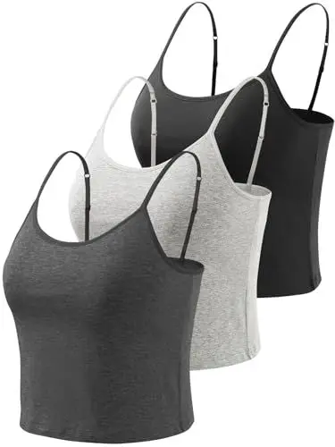 Produktbild: vislivin Crop Tank Top für Damen Baumwolle Unterhemd mit Regal-BH Camisole Ärmelloses Racerback Crop Spaghetti Tops Schwarz/Grau/Dunkelgrau L