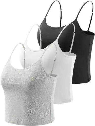 Produktbild: vislivin Crop Tank Top für Damen Baumwolle Unterhemd mit Regal-BH Camisole Ärmelloses Racerback Crop Spaghetti Tops Schwarz/Weiß/Grau S