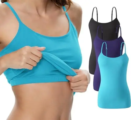 Produktbild: vislivin Damen Unterhemd mit Regal-BH Baumwoll Trägershirt Spaghetti Top Verstellbaren Spaghettiträger Trägertop Schwarz/Dunkelblau/Blau M