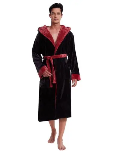 Produktbild: vislivin Flauschig Morgenmantel Herren Lang Bademantel mit Kapuze Plüsch Warme Hausmantel Fleece Bath Robe Schwarz-Weinrot L