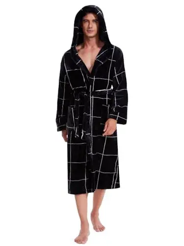 Produktbild: vislivin Flauschig Morgenmantel Herren Lang Bademantel mit Kapuze Plüsch Warme Hausmantel Fleece Bath Robe Schwarz Weiß Streifen L