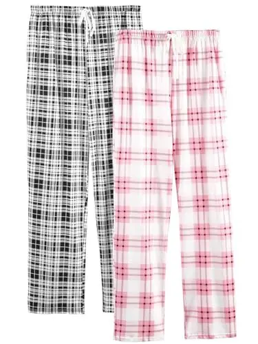 Produktbild: vislivin Lounge Schlafanzughose Damen Lang Karierte Pyjamahose Weich Freizeithose Yogahose mit Taschen und Kordelzug Schwarzer Streifen/Rosa Streifen M