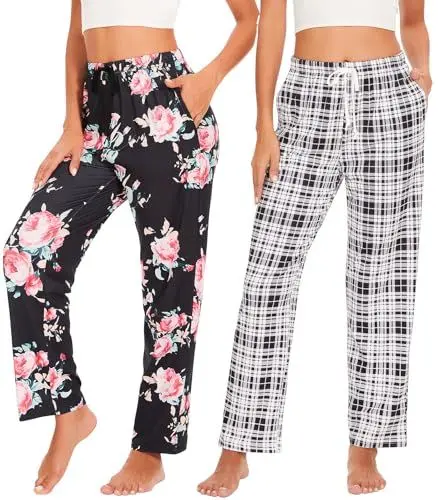 Produktbild: vislivin Lounge Schlafanzughose Damen Lang Karierte Pyjamahose Weich Freizeithose Yogahose mit Taschen und Kordelzug Schwarzer Streifen/Schwarzer Blume S