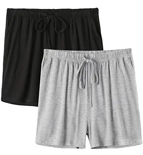 Produktbild: vislivin Pyjamahose für Damen Kurz Schlafanzughose Weicher Freizeit Nachtwäsche Kurz mit Taschen Schwarz/Grau XL