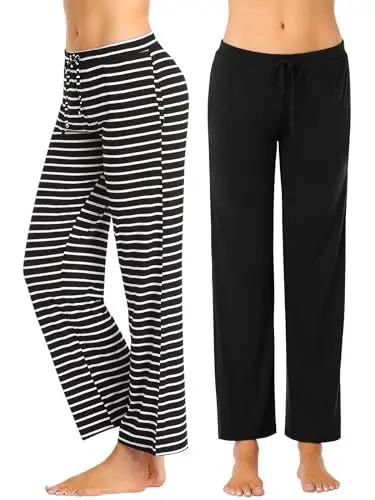 Produktbild: vislivin Schlafanzughose Damen Pyjamahosen Lang Freizeithose Stretch Yogahose Weiche Frauen Nachtwäsche Hosen Schwarz/Schwarz Streifen-1 S