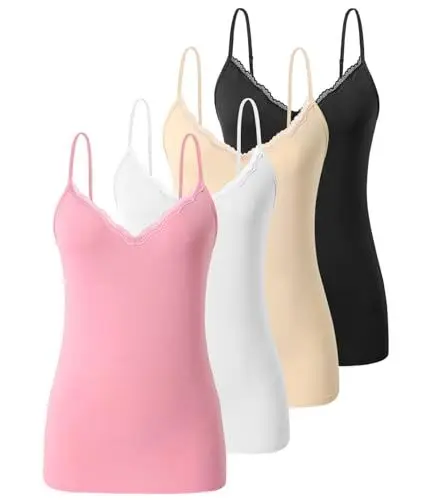 Produktbild: vislivin Schlicht Leibchen für Damen Spitzen Tanktops V-Ausschnitt Verstellbares Cami Sexy Unterhemden 4er Pack Schwarz/Beige/Weiß/Rose M