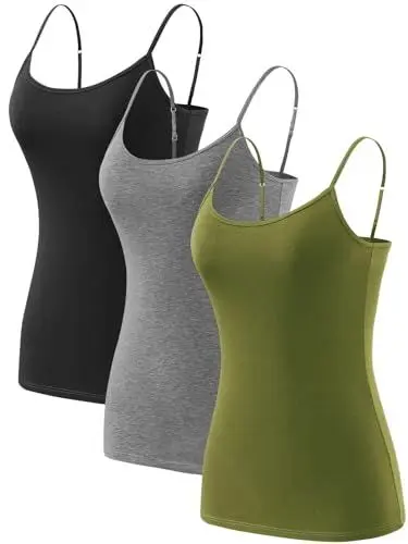 Produktbild: vislivin Spaghetti Tops Damen Baumwolle Spaghettiträger Unterhemden Basic Verstellbares Tank Top Schwarz/Dunkelgrau/Armeegrün XXL