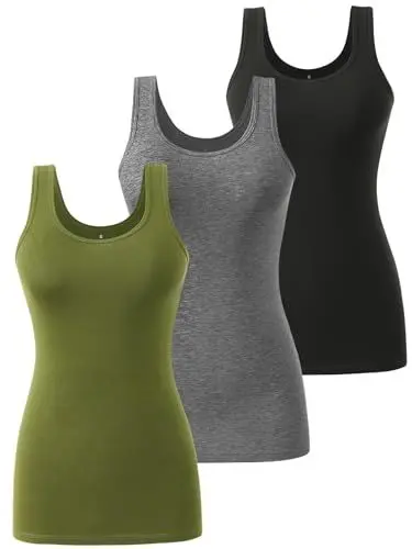 Produktbild: vislivin Tank Top Damen Baumwolle Tanktops Basic Unterhemden Ärmelloses Workout Tops Schwarz/Dunkelgrau/Armeegrün M