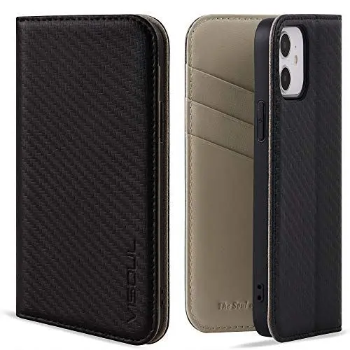 Produktbild: VISOUL iPhone 12 Mini Hülle,Handyhülle iPhone 12 Mini (100% Echtleder) (3 Kartenfächer) (Verdichtes TPU) (Magnet) (Stand), RFID Stoßfeste Schutzhülle Kompatibel für iPhone 12 Mini Grau
