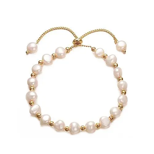 Produktbild: VISSEN Süßwasser Weiße Perlen Armband Damen vergoldete Verstellbar Beads Armbänder Hypoallergen Schmuck