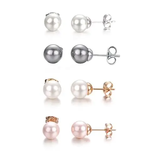 Produktbild: Vissen 4 Paar Bunt Perlen Ohrringe Stecker Set Damen Pink Schwarz Weiß Perle Ohrstecker MäDchen Edelstahl Modeschmuck